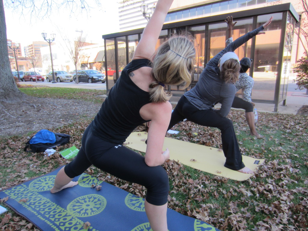 From the base of a strong Warrior Two, the front thigh is externally rotating, the back thigh internally rotating and the upper back rotating toward the sky, keeping the heart open.  With the legs and feet working actively and strongly,  the tailbone can drop slightly and the length in the left side body become one beautiful line of energy, or grace.  For a deeper stretch, take your hand to the outside of the front ankle.