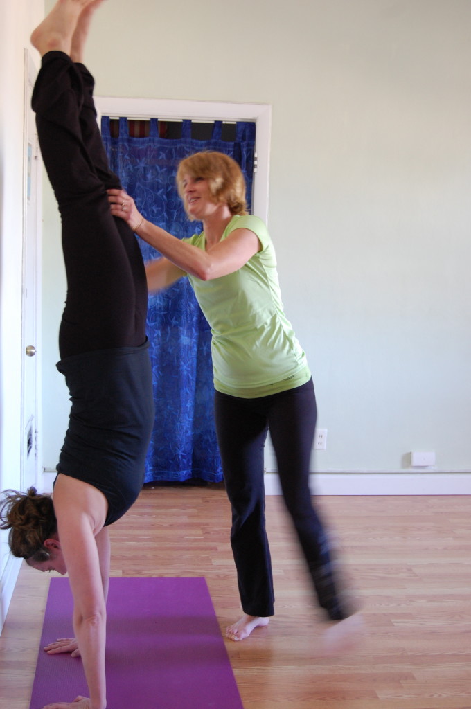 This particular student experiences handstand for the first time!  With the help of the wall and the partner, she feels very safe and confident to take her practice to the next level.  In doing so, you can see how quickly she has formed one straight line from her feet all the way to her palms.  This feels incredible as if one weighs only 2 lbs! Practice and Have Fun!...