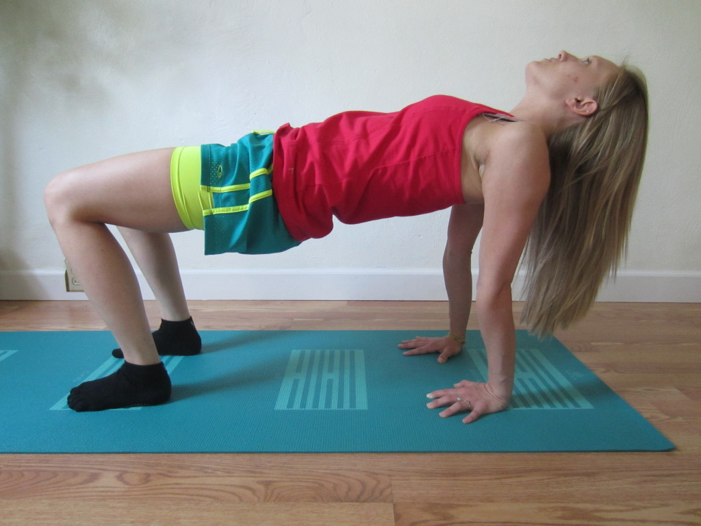 This is a great counter stretch to seated postures. It is called Reverse Table Pose.  The knees are simply stacked on the ankles and the stretch is great for the shoulders.